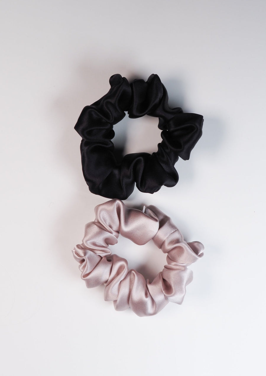 Mini šilkinių plaukų gumyčių rinkinys - juodos ir pelenų rožės spalvos