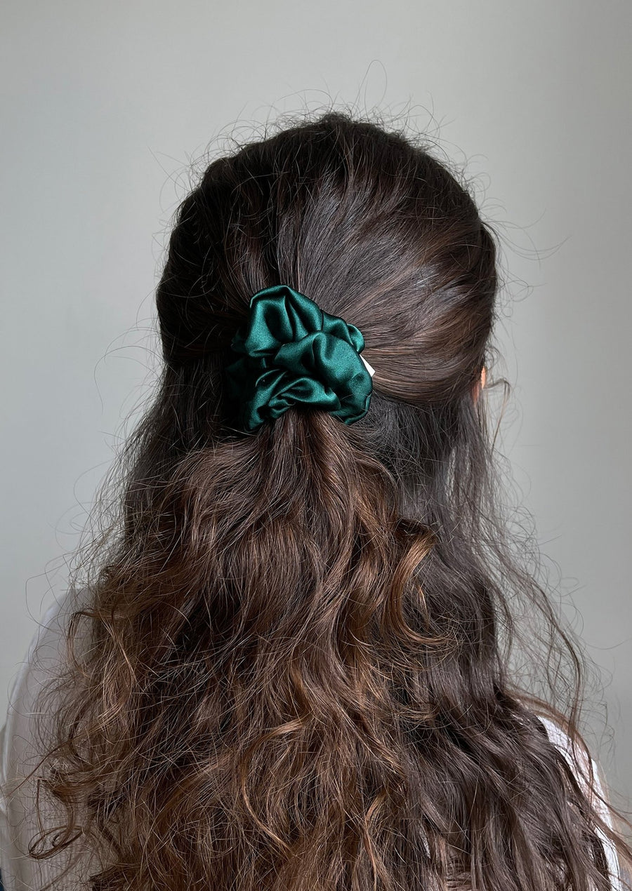Set of mini silk hair ties - emerald and chocolate colors