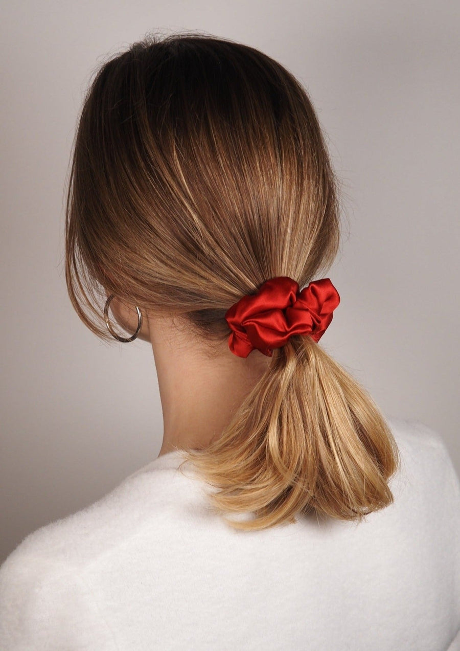 Set of mini silk hair ties - red and ash rose colors