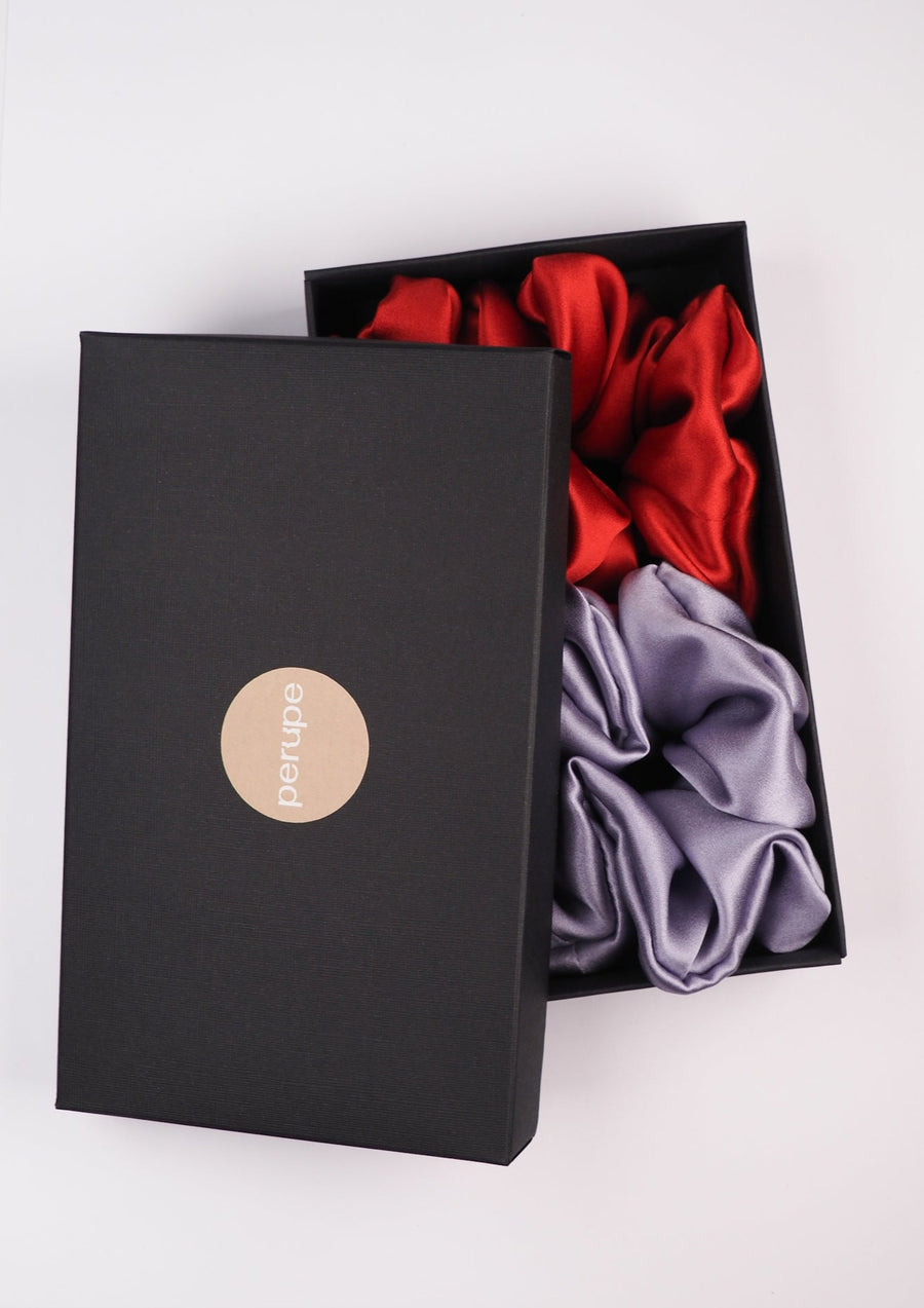 Set of silk hair ties - red and lilac colors