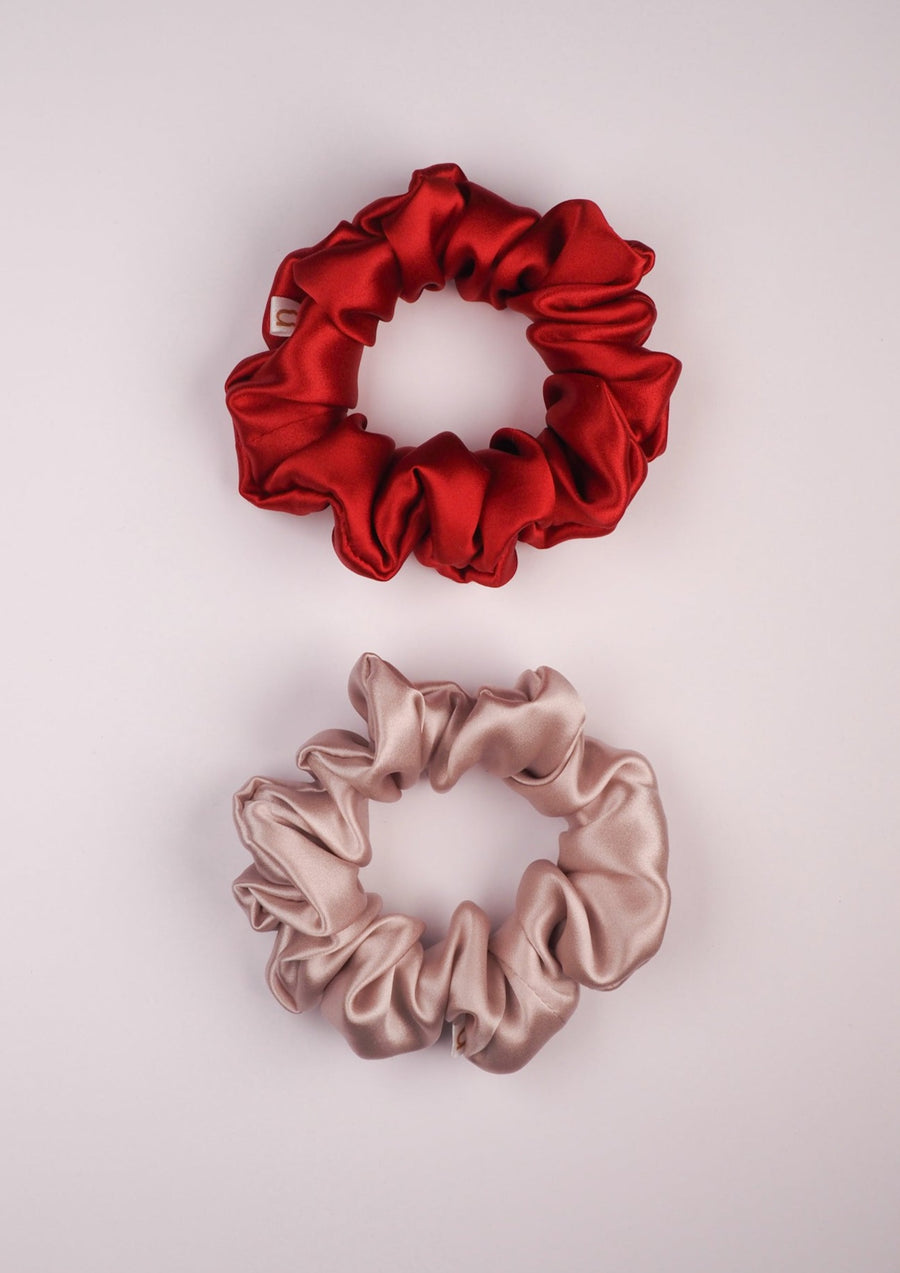 Set of mini silk hair ties - red and ash rose colors
