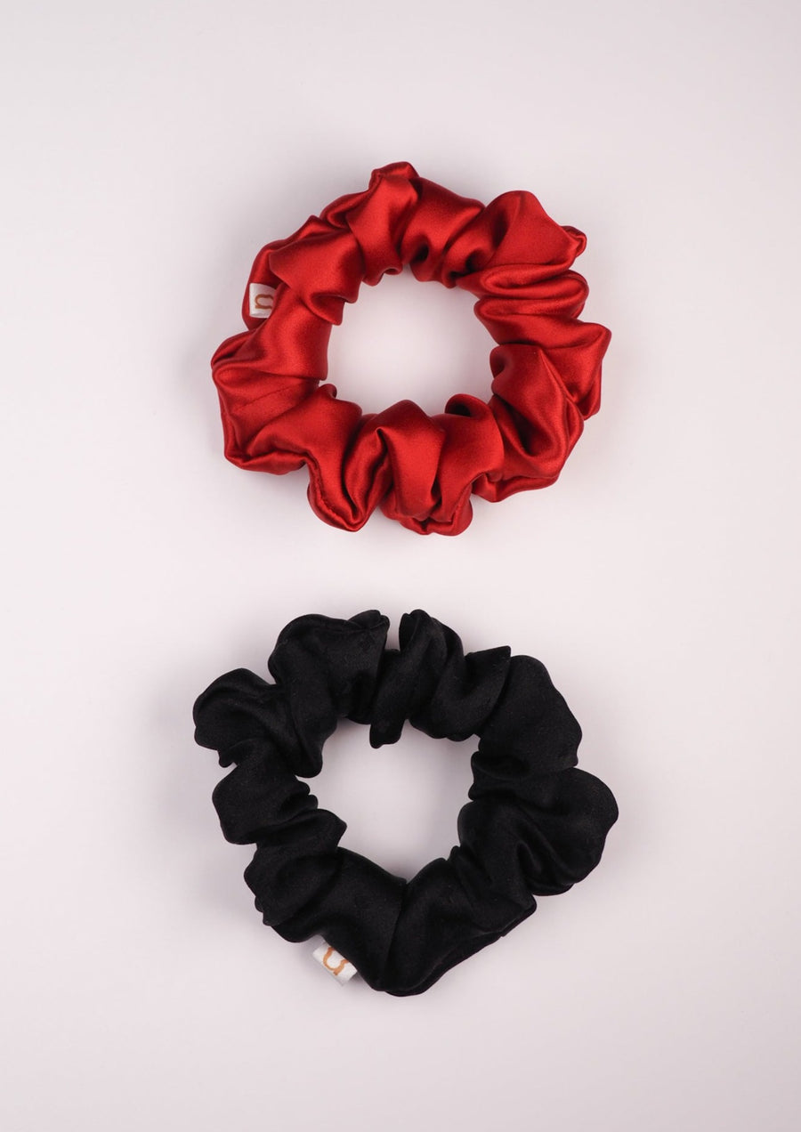 Set of mini silk hair ties - red and matte black